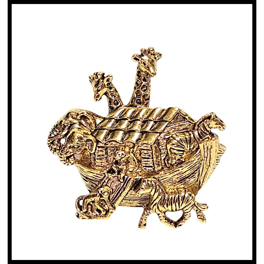 Avon Noah's Ark Brooch Vintage Gold Tone Animals Religious Statement Pin
